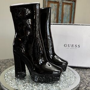 GUESS Black Patent Platform Ankle Boots NEW